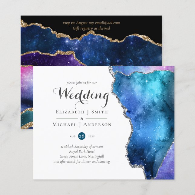 Glamour Blue Gold Agate Wedding Invite CHEAP (Front/Back)