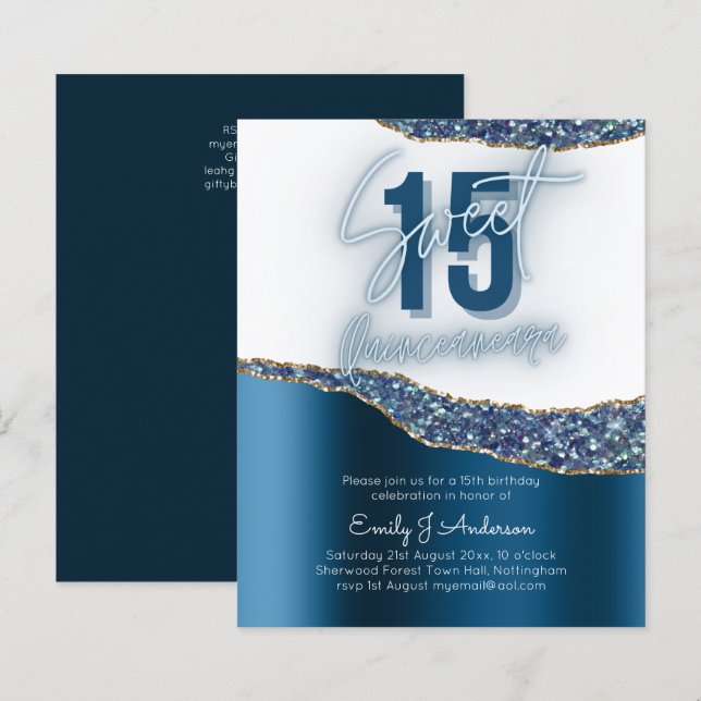 Glamour Blue Silver Foil Glitter Quinceanera 15th  (Front/Back)