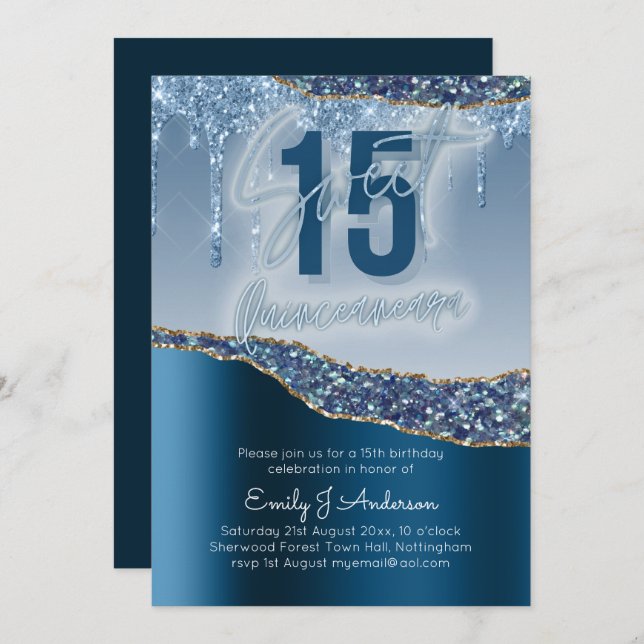 Glamour Blue Silver  Foil Glitter Quinceanera 15th Invitation (Front/Back)