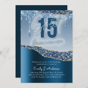 Glamour Blue Silver Foil Glitter Quinceanera 15th Invitation