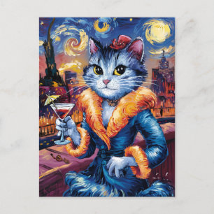 Glamour cat lady art postcard