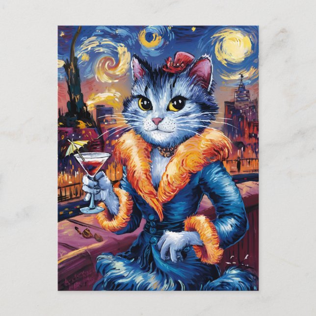 Glamour cat lady art postcard (Front)