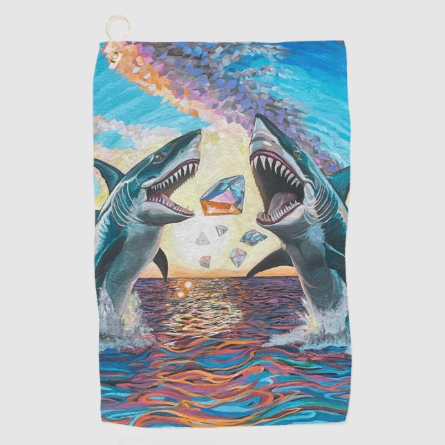 Glamour Chomp-Shark Breaching for Shiny Gems- Golf Towel (Front)