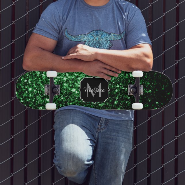 Glamour Dark Green glitter sparkles Monogram Skateboard (Outdoor 3)