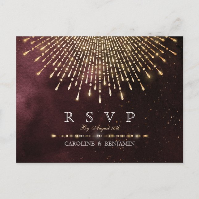 Glamour Deco Burgundy Vintage Wedding RSVP Invitation Postcard (Front)