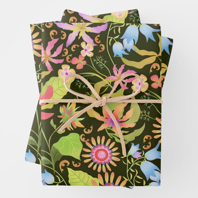 Glamour Floral Black Wrapping Paper Sheet (In situ)