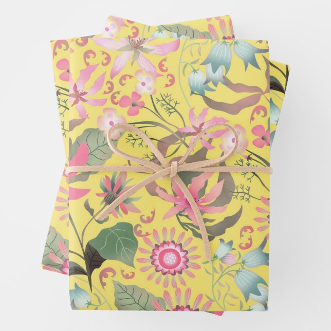 Glamour Floral Yellow Wrapping Paper Sheet (In situ)