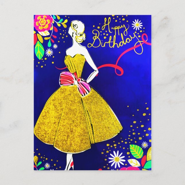 Glamour Girl Floral Gold Birthday Party Glitter Holiday Postcard (Front)