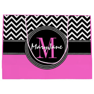 Glamour Girl Hot Pink and Black Chevron Monogram Large Gift Bag