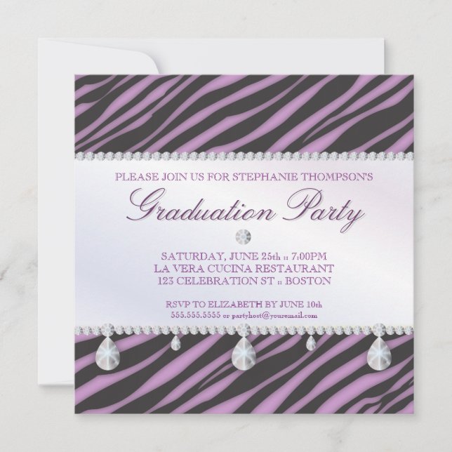 Glamour Girl Zebra and Diamond Graduation Party Invitation (Front)