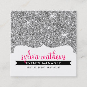 GLAMOUR GLITTER modern stylish silver sparkle pink Square Business Card