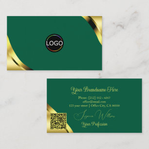Glamour Gold Corners on Teal with Logo and QR Code Business Card