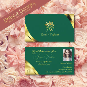 Glamour Gold Corners on Teal with Monogram Photo Business Card