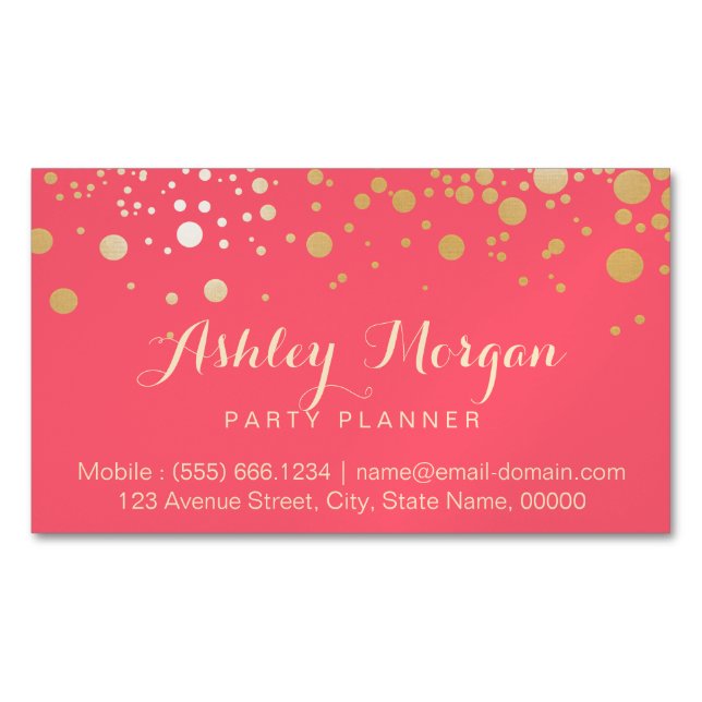Glamour Gold Dots Decor - Charming Pink Coral Magnetic Business Card (Front)