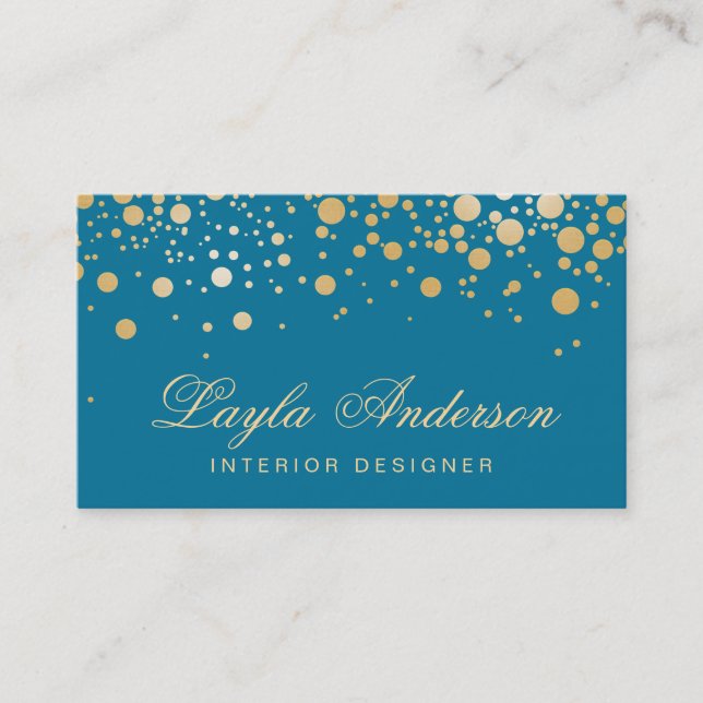 Glamour Gold Dots Decor - Classy Peacock Blue Colo Business Card (Front)