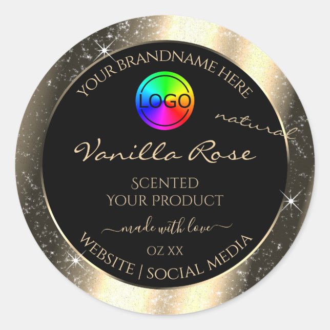 Glamour Gold Glitter Frame Product Label with Logo (Front)