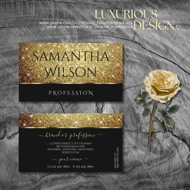 Glamour Gold Glitter Sparkle Stars on Black Modern Business Card (Creator Uploaded)