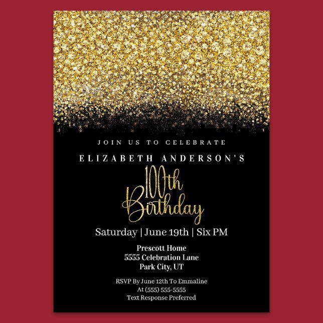 Glamour Gold Jeweled Glitter 100th Birthday Invitation (Creator Uploaded)
