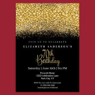 Glamour Gold Jeweled Glitter 70th Birthday Invitation