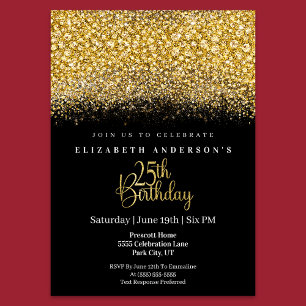 Glamour Gold Jewelled Glitter 25th Birthday Invitation