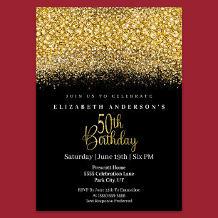 Glamour Gold Jewelled Glitter 50th Birthday Invitation