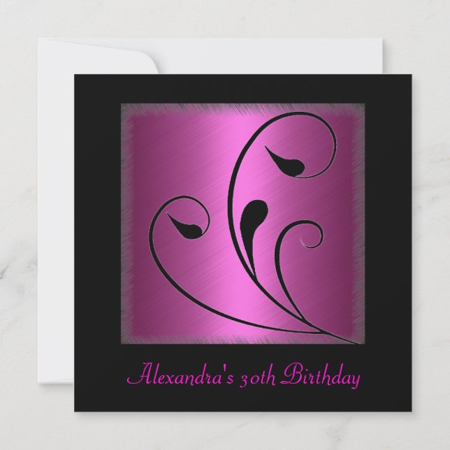 Glamour Hot Pink Black Floral Birthday Party Invitation (Back)