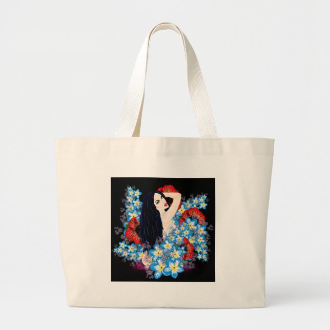 Glamour Model in Poppy flower bed, ART by LeahG Large Tote Bag (Front)
