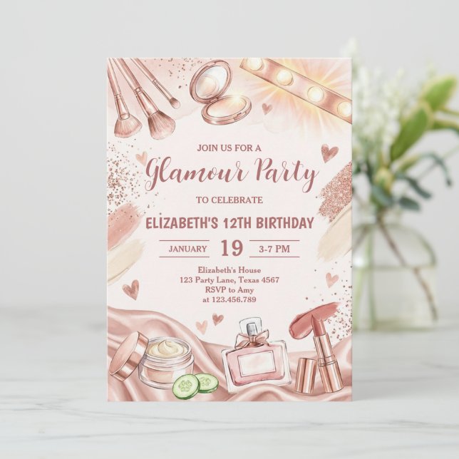 Glamour Party Glitz Glam Spa Girl Makeup Birthday Invitation (Standing Front)