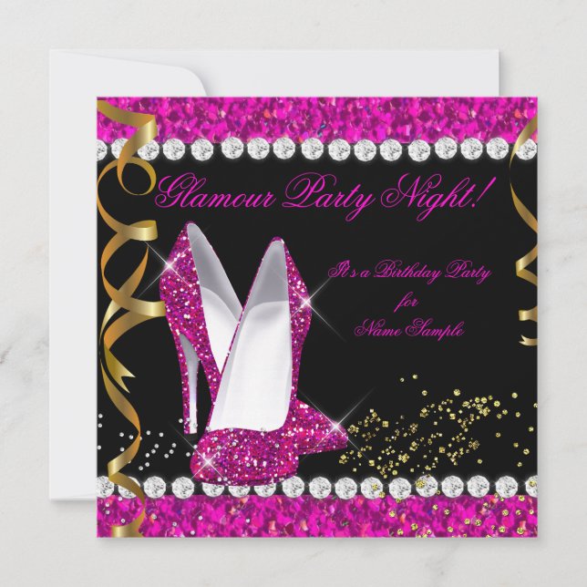 Glamour Party Night Pink Glitter Gold Black Shoes Invitation (Front)