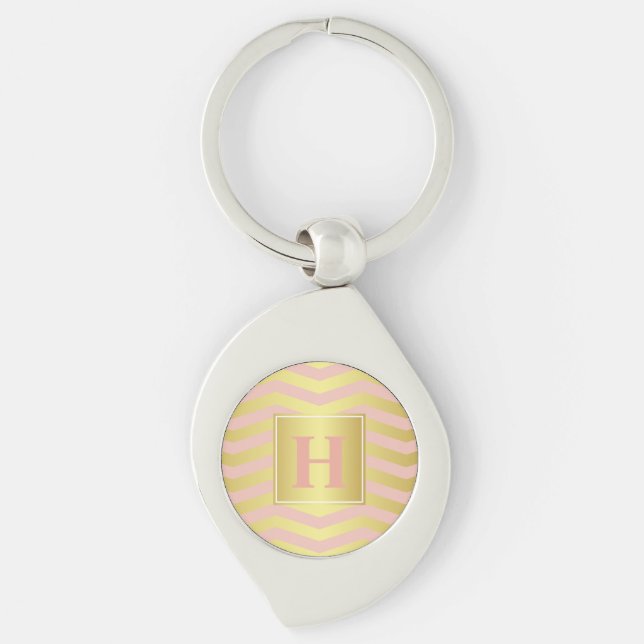 Glamour Pink and Gold Chevrons with Monogram Key Ring (Front)