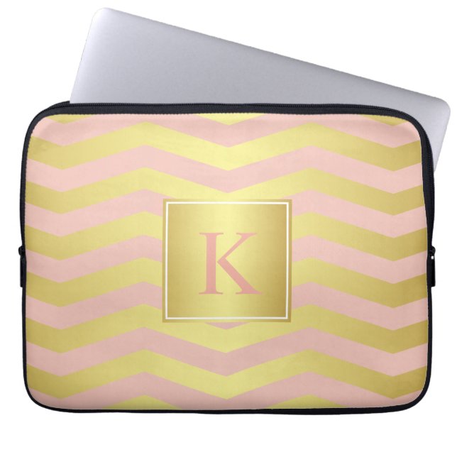 Glamour Pink and Gold Chevrons with Monogram Laptop Sleeve (Front)