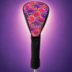 Glamour Pink and Purple Flowers Personalised Golf Head Cover