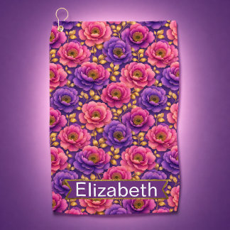 Glamour Pink and Purple Flowers Personalised Golf Towel