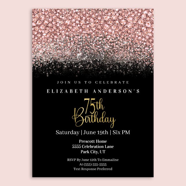 Glamour Pink Jeweled Glitter 75th Birthday Invitation (Creator Uploaded)