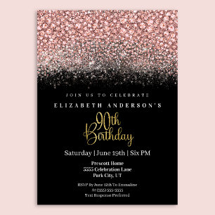 Glamour Pink Jeweled Glitter 90th Birthday Invitation