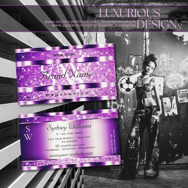 Glamour Purple Sparkling Glitter Stars Monogram Business Card (Creator Uploaded)