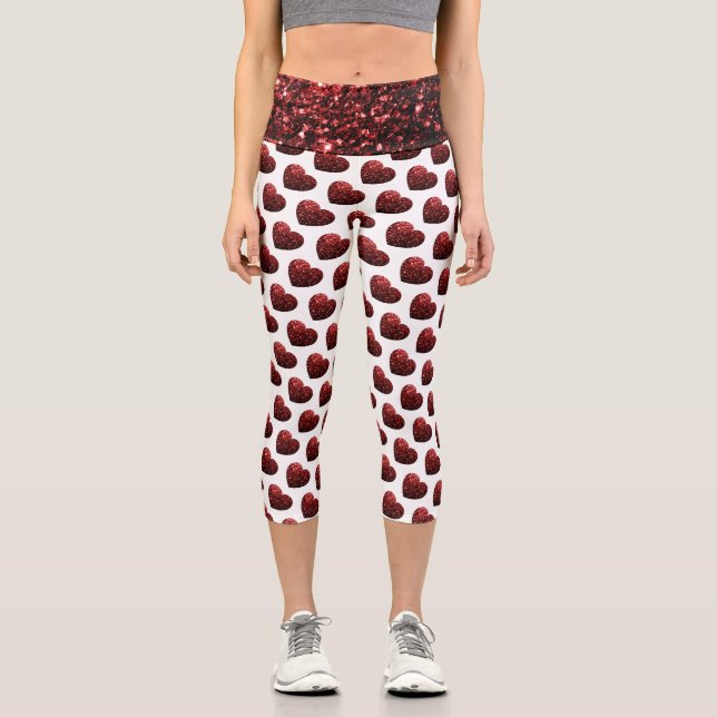 Glamour Red Glitter sparkles Heart pattern Capri Leggings (Front)