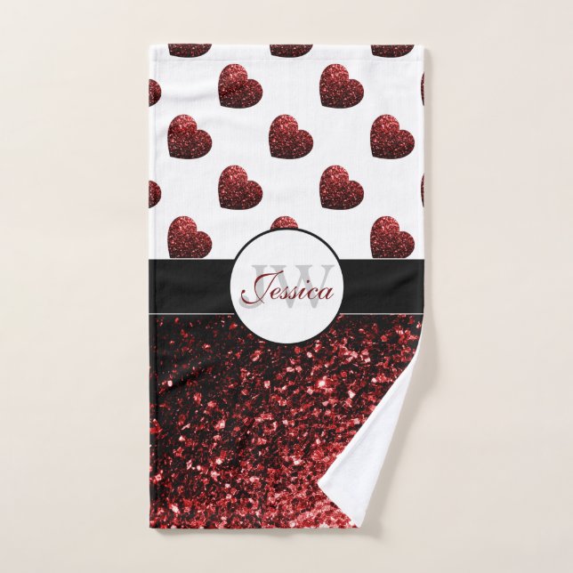 Glamour Red Glitter sparkles Hearts Monogram Bath Towel Set (Hand Towel)