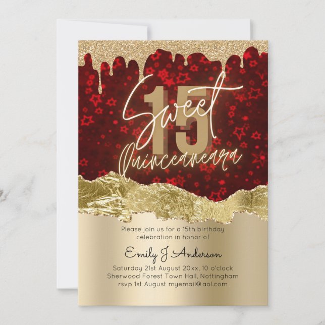 Glamour Red Gold Foil Glitter Quinceanera 15th Invitation (Front)
