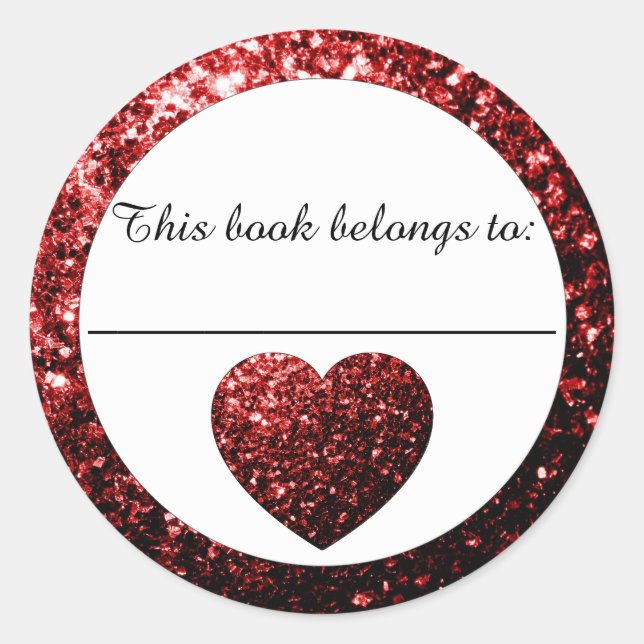 Glamour Red sparkles Heart Bookplate Sticker (Front)