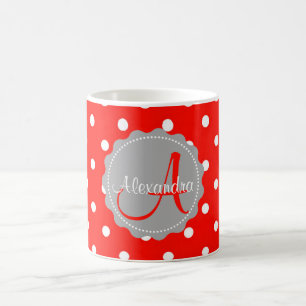 Glamour red white polka dot monogram initial name coffee mug
