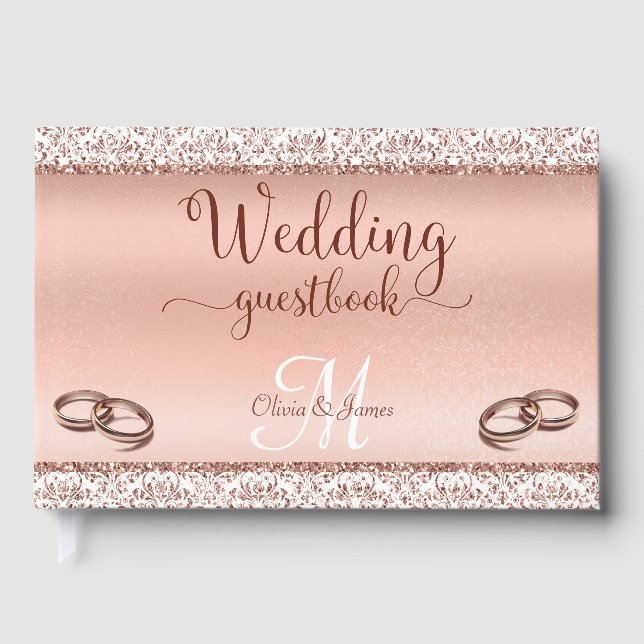 Glamour Rose Gold Damask Metallic Wedding Guest Book (Front)
