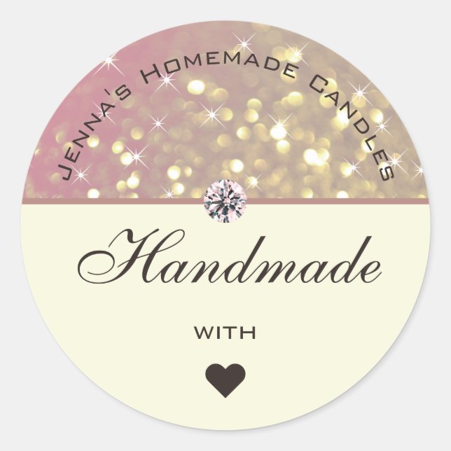Glamour Rose Gold Lilac Glitter Handmade with Love Classic Round Sticker (Front)