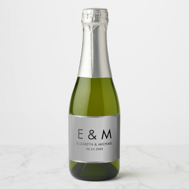 Glamour Save the Date Text Monogram Silver Sparkling Wine Label (Front)