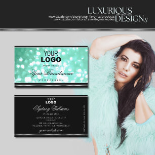 Glamour Teal Glitter Logo Black Chic Silver Border Business Card