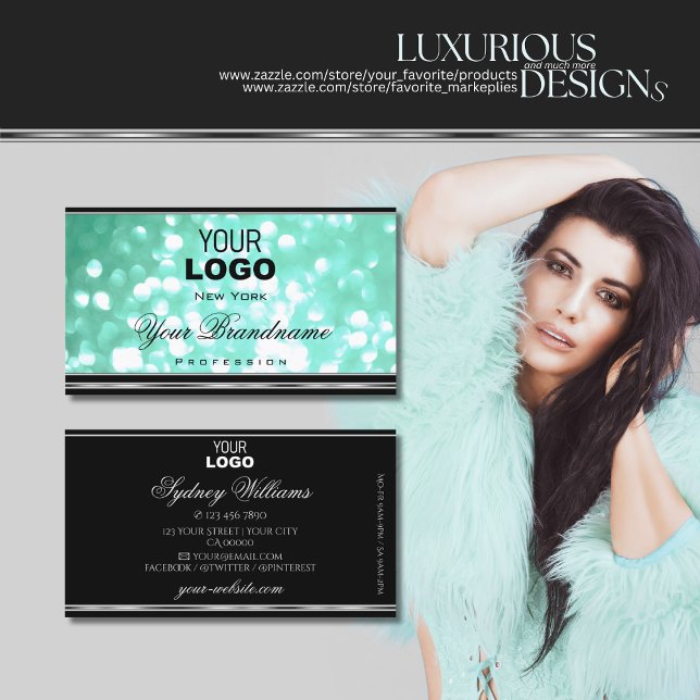 Glamour Teal Glitter Logo Black Chic Silver Border Business Card (Creator Uploaded)