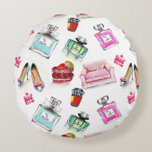 Glamour Watercolor: Fashion Seamless Pattern Round Cushion