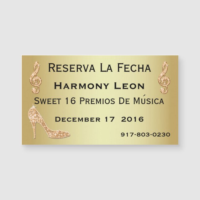 Glamourous 16th Save The Date Gold Stiletto (Front)