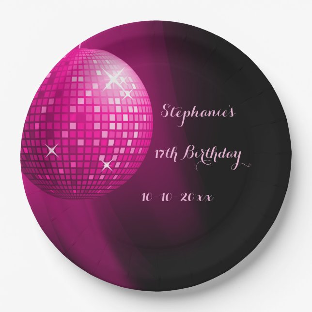 Glamourous 17th Birthday Hot Pink Party Disco Ball Paper Plate (Front)