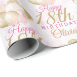 Glamourous 18th Birthday Balloon Wrapping Paper<br><div class="desc">A gorgeous blush pink and glitter balloon happy 18th birthday gift wrap This feminine design is the perfect wrapping paper to wish someone a happy 18th birthday (or any age!) Personalise with our own custom name. Pink and gold coloured typography on a bubble effect girly background.</div>